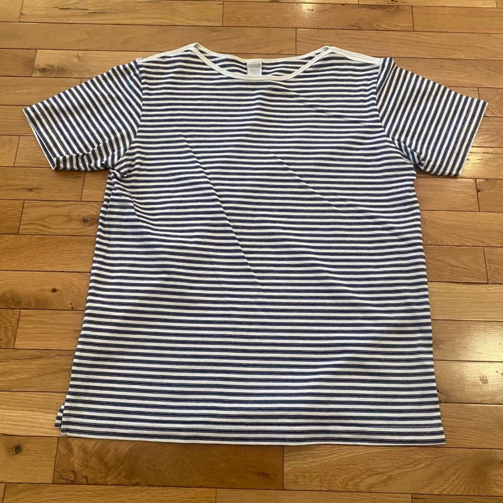 Lands End Womens Navy Blue White Striped 100% Cotton Short Sleeve Tee Shirt M‎